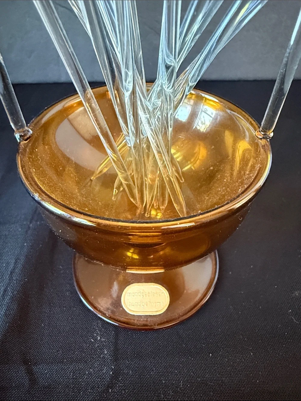 Lauscha Germany Hand Blown Glass Bird  Cocktail Pick Set W/Amber Holder.